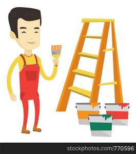 Asian house painter holding a paintbrush. House painter with paintbrush standing near step-ladder and paint cans. House renovation concept. Vector flat design illustration isolated on white background. Painter with paint brush vector illustration.