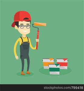 Asian house painter in uniform holding paint roller in hands. Young cheerful house painter at work. Smiling house painter standing near paint cans. Vector flat design illustration. Square layout.. Painter holding paint roller vector illustration.