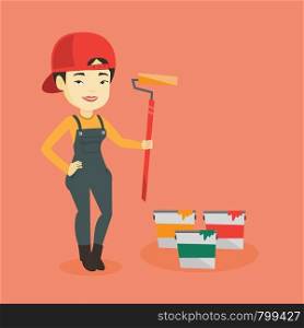 Asian house painter in uniform holding paint roller in hands. Young cheerful house painter at work. Smiling house painter standing near paint cans. Vector flat design illustration. Square layout.. Painter holding paint roller vector illustration.