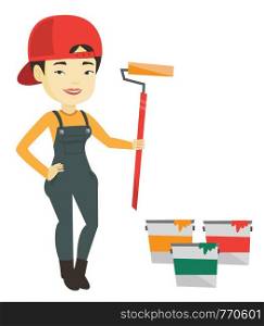 Asian house painter in uniform holding paint roller in hands. Young house painter at work. Smiling house painter standing near paint cans. Vector flat design illustration isolated on white background.. Painter holding paint roller vector illustration.
