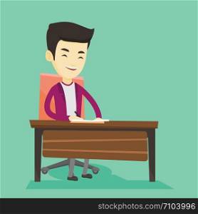 Asian journalist working at the table in office. Young journalist sitting at the table and writing notes in notebook. Journalist writing an article. Vector flat design illustration. Square layout.. Journalist writing in notebook with pencil.