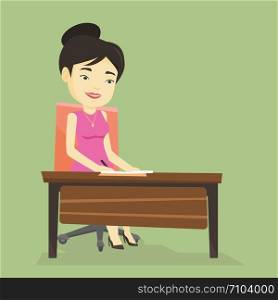 Asian journalist working at the table in office. Young journalist sitting at the table and writing notes in notebook. Journalist writing an article. Vector flat design illustration. Square layout.. Journalist writing in notebook with pencil.