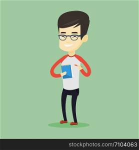 Asian journalist writing notes on the notepad. Young journalist writing in notebook with pencil. Smiling journalist writing notes with pencil. Vector flat design illustration. Square layout.. Journalist writing in notebook with pencil.