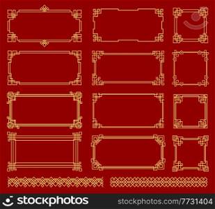 Asian knot frames and borders, Korean, Chinese and Japanese knot patterns, vector. Chinese golden knot frames, dividers and boarders on red background, asian oriental line pattern embellishment. Asian knot frames, oriental classic patterns