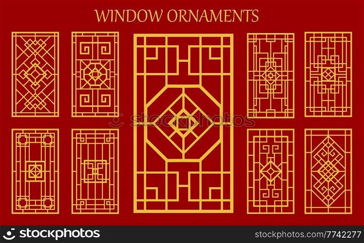 Asian korean, chinese and japanese window ornaments or embellishment. Vector traditional asian patterns for wall, door or window decor. Oriental vintage gold lattice grid on red background. Asian korean, chinese and japanese window ornament