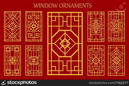 Asian korean, chinese and japanese window ornaments or embellishment. Vector traditional asian patterns for wall, door or window decor. Oriental vintage gold lattice grid on red background. Asian korean, chinese and japanese window ornament