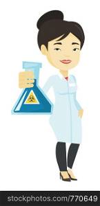 Asian laboratory assistant in medical gown showing flask with biohazard sign. Young laboratory assistant holding flask with biohazard sign. Vector flat design illustration isolated on white background. Scientist holding flask with biohazard sign.
