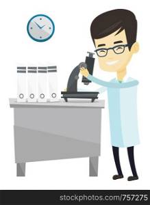 Asian laboratory assistant working with microscope. Young scientist working at the laboratory. Laboratory assistant using a microscope. Vector flat design illustration isolated on white background.. Laboratory assistant with microscope.