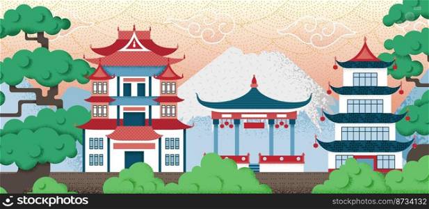 Asian landscape. Chinese pagodas, japanese scene temple and asia mountain. Textured art china town, bamboo tree and traditional building. Swanky travel vector background with asian pagoda. Asian landscape. Chinese pagodas, japanese scene temple and asia mountain. Textured art china town, bamboo tree and traditional building. Swanky travel vector background