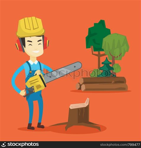 Asian lumberjack holding chainsaw. Lumberjack in workwear, hard hat and headphones standing at the forest near stump. Young lumberjack chopping wood. Vector flat design illustration. Square layout.. Lumberjack with chainsaw vector illustration.