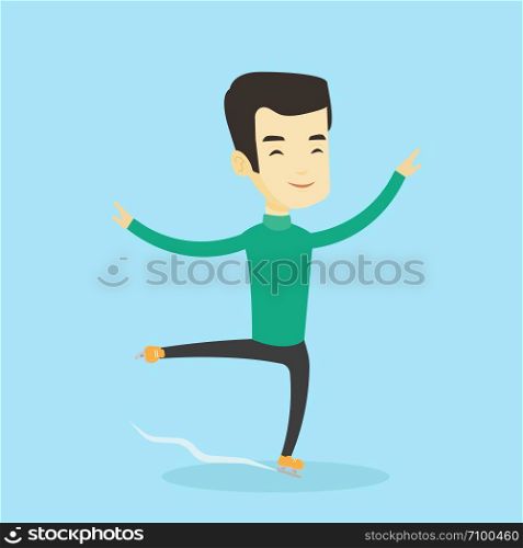 Asian male figure skater posing on skates. Professional male figure skater performing on ice skating rink. Young ice skater dancing. Vector flat design illustration. Square layout.. Male figure skater vector illustration.
