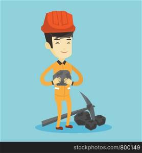 Asian male miner in hard hat holding coal in hands. Young smiling miner with a pickaxe. Miner working at coal mine. Young happy male miner at work. Vector flat design illustration. Square layout.. Miner holding coal in hands vector illustration.