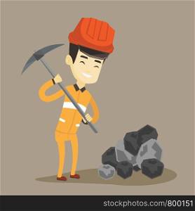 Asian male miner in hard hat working with a pickaxe. Male miner in helmet and workwear working at the coal mine. Young male miner at work. Vector flat design illustration. Square layout.. Miner working with pickaxe vector illustration.