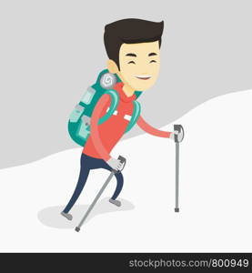 Asian male mountaineer climbing a snowy ridge. Young happy mountaineer climbing a mountain. Male mountaineer with backpack walking up along a ridge. Vector flat design illustration. Square layout.. Young mountaneer climbing a snowy ridge.