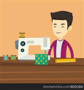 Asian male seamstress working in a cloth factory. Male seamstress sewing on an industrial sewing machine. Seamstress using sewing machine at workshop. Vector flat design illustration. Square layout.. Seamstress using sewing machine at workshop.