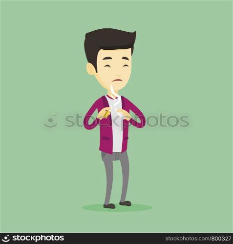 Asian man breaking the cigarette. Young man crushing cigarette. Sad man holding broken cigarette. Quit smoking concept. Vector flat design illustration. Square layout.. Young man quitting smoking vector illustration.