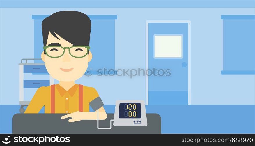 Asian man checking blood pressure with digital blood pressure meter. Man taking care of his health and measuring blood pressure in hospital room. Vector flat design illustration. Horizontal layout.. Blood pressure measurement vector illustration.