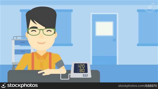 Asian man checking blood pressure with digital blood pressure meter. Man taking care of his health and measuring blood pressure in hospital room. Vector flat design illustration. Horizontal layout.. Blood pressure measurement vector illustration.