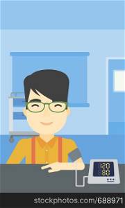 Asian man checking his blood pressure with digital blood pressure meter. Man taking care of his health and measuring blood pressure in hospital room. Vector flat design illustration. Vertical layout.. Blood pressure measurement vector illustration.