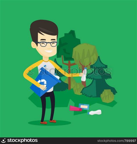 Asian man collecting garbage in recycle bin. Young man with recycling bin in hand picking up used plastic bottles in forest. Waste recycling concept. Vector flat design illustration. Square layout.. Man collecting garbage in forest.