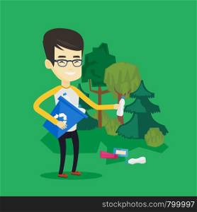 Asian man collecting garbage in recycle bin. Young man with recycling bin in hand picking up used plastic bottles in forest. Waste recycling concept. Vector flat design illustration. Square layout.. Man collecting garbage in forest.