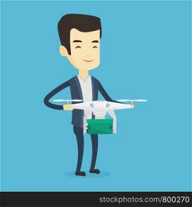 Asian man controlling delivery drone with post package. Young man getting post package from delivery drone. Man sending parcel with delivery drone. Vector flat design illustration. Square layout.. Man controlling delivery drone with post package