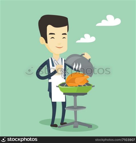 Asian man cooking chicken on barbecue grill outdoors. Smiling man having a barbecue party outdoor. Happy man preparing chicken on barbecue grill. Vector flat design illustration. Square layout.. Man cooking chicken on barbecue grill.