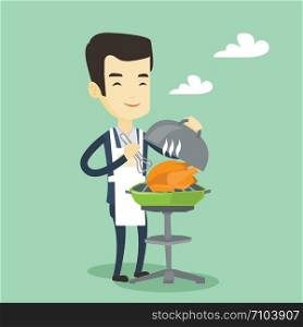 Asian man cooking chicken on barbecue grill outdoors. Smiling man having a barbecue party outdoor. Happy man preparing chicken on barbecue grill. Vector flat design illustration. Square layout.. Man cooking chicken on barbecue grill.