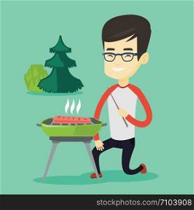 Asian man cooking steak on barbecue grill outdoors. Young man sitting next to barbecue grill in the park. Smiling man having a barbecue party. Vector flat design illustration. Square layout.. Man cooking steak on barbecue grill.