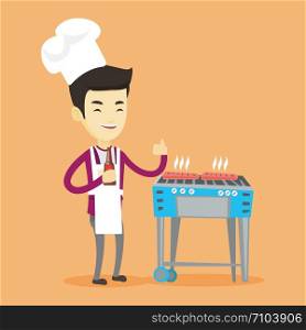 Asian man cooking steak on the barbecue grill outdoors. Adult happy man with bottle in hand cooking steak on gas barbecue grill and giving thumb up. Vector flat design illustration. Square layout.. Man cooking steak on barbecue grill.