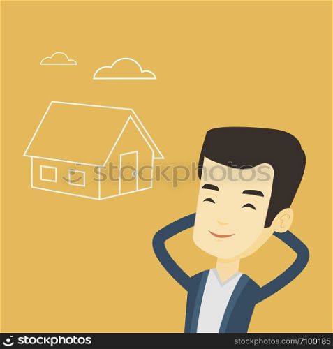Asian man dreaming about future life in a new house. Smiling man planning future purchase of his own house. Young man thinking about buying a house. Vector flat design illustration. Square layout.. Man dreaming about buying new house.