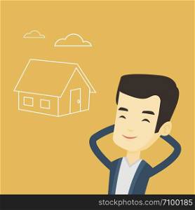 Asian man dreaming about future life in a new house. Smiling man planning future purchase of his own house. Young man thinking about buying a house. Vector flat design illustration. Square layout.. Man dreaming about buying new house.