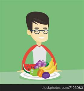 Asian man eating fresh healthy fruits. Young friendly man standing in front of table woth fresh fruits. Smiling man with plate full of fruits. Vector flat design illustration. Square layout.. Man with fresh fruits vector illustration.
