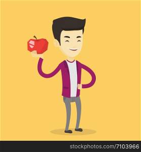 Asian man enjoying fresh healthy red apple. Young man holding an apple in hand. Cheerful man eating an apple. Concept of healthy nutrition. Vector flat design illustration. Square layout.. Young man holding apple vector illustration.