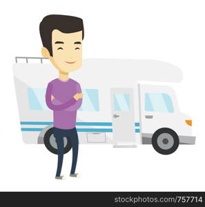 Asian man enjoying his vacation in motor home. Young man standing with arms crossed in front of motor home. Man traveling by motor home. Vector flat design illustration isolated on white background.. Man standing in front of motor home.