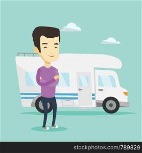 Asian man enjoying his vacation in motor home. Young man standing with arms crossed in front of motor home. Smiling man traveling by motor home. Vector flat design illustration. Square layout.. Man standing in front of motor home.