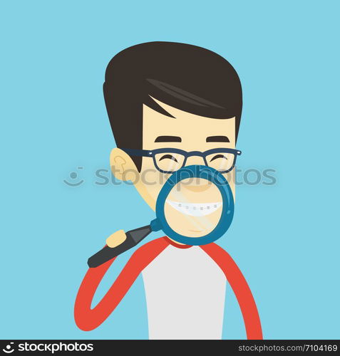 Asian man examining his teeth with magnifier. Smiling young man holding magnifying glass in front of his teeth. Teeth examining and health care concept. Vector flat design illustration. Square layout.. Man brushing his teeth vector illustration.