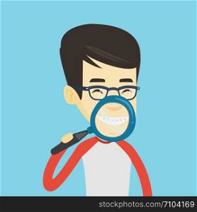 Asian man examining his teeth with magnifier. Smiling young man holding magnifying glass in front of his teeth. Teeth examining and health care concept. Vector flat design illustration. Square layout.. Man brushing his teeth vector illustration.