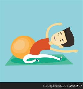 Asian man exercising in the gym. Man doing stretching on exercise mat. Sportsman stretching before training. Happy man doing stretching exercises. Vector flat design illustration. Square layout.. Young man exercising with fitball.