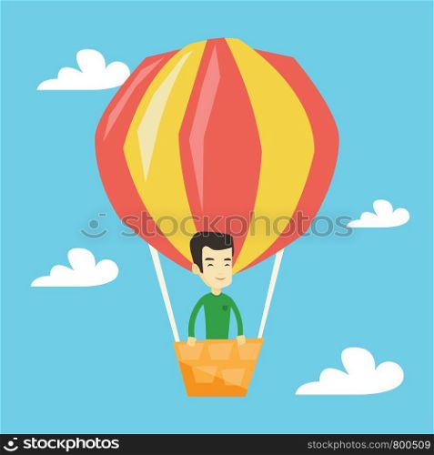 Asian man flying in a hot air balloon. Man standing in the basket of hot air balloon. Man traveling in hot air balloon. Man riding a hot air balloon. Vector flat design illustration. Square layout.. Young man flying in hot air balloon.