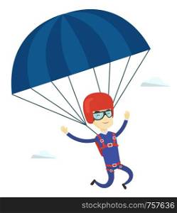 Asian man flying with a parachute. Young man paragliding on parachute. Professional parachutist descending with parachute in the sky. Vector flat design illustration isolated on white background.. Young happy man flying with parachute.