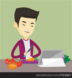 Asian man following recipe for vegetable salad on digital tablet. Young man cutting vegetables for salad. Man cooking healthy vegetable salad. Vector flat design illustration. Square layout.. Man cooking healthy vegetable salad.
