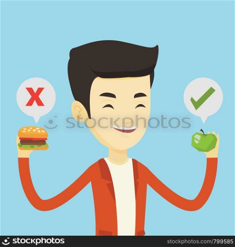 Asian man holding apple and hamburger in hands. Man choosing between apple and hamburger. Man choosing between healthy and unhealthy nutrition. Vector flat design illustration. Square layout.. Man choosing between hamburger and cupcake.