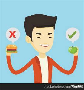 Asian man holding apple and hamburger in hands. Man choosing between apple and hamburger. Man choosing between healthy and unhealthy nutrition. Vector flat design illustration. Square layout.. Man choosing between hamburger and cupcake.