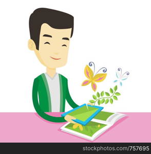Asian man holding digital tablet above the book. Man looking at butterflies flying out from digital tablet. Concept of agmented reality. Vector flat design illustration isolated on white background.. Augmented reality vector illustration.