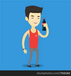 Asian man holding fresh soda beverage in glass bottle. Young man standing with bottle of soda. Cheerful man drinking brown soda from bottle. Vector flat design illustration. Square layout.. Young man drinking soda vector illustration.