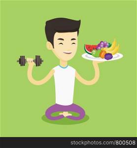 Asian man holding healthy fruits and dumbbell. Sportsman with healthy fruits and dumbbell. Man choosing healthy lifestyle. Healthy lifestyle concept. Vector flat design illustration. Square layout.. Healthy man with fruits and dumbbell.