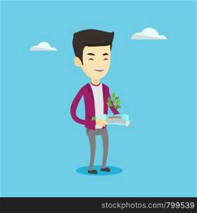 Asian man holding in hands plastic bottle with plant growing inside. Man holding plastic bottle used as plant pot. Concept of plastic recycling. Vector flat design illustration. Square layout.. Man holding plant growing in plastic bottle.