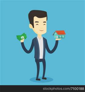 Asian man holding money and model of house. Happy young man having loan for house. Smiling man got loan for buying a new house. Real estate loan concept. Vector flat design illustration. Square layout. Asian man buying house thanks to loan.
