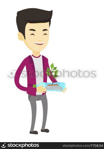 Asian man holding plastic bottle with plant growing inside. Man holding plastic bottle used as plant pot. Concept of plastic recycling. Vector flat design illustration isolated on white background.. Man holding plant growing in plastic bottle.